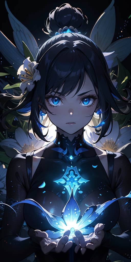 A majestic, highly detailed anime scene unfolds in stunning HD: a dark background serves as the canvas for a breathtakingly beautiful girl with jet-black hair. Her skin is adorned with vibrant, intricately designed flowers that radiate an otherworldly glow. As the camera zooms in on her face, the flowers' luminescence seems to pulse with an inner light, casting a mystical aura around her features. The atmosphere is charged with an air of mystique and creative mastery.