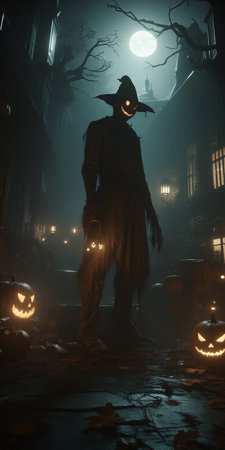 A hauntingly beautiful masterpiece captures a spine-tingling moment: Pyramid Head, donning his iconic mask and tattered apron, ominously approaches two trick-or-treaters in a dimly lit alleyway on a dark Halloween night. The highly detailed, gothic-inspired architecture of the surrounding buildings looms large, while the eerie atmosphere is illuminated by flickering streetlights casting long shadows.