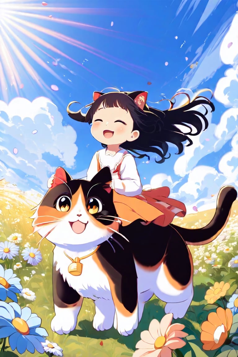 A joyful scene unfolds as a young girl with ahoge hair and closed eyes beams directly at the viewer. Her happiness is infectious, radiating from her bright smile. Against a blue sky with fluffy clouds, she rides a massive cat that leaps into frame, its paws barely grazing the lush meadow grass. Vibrant flowers bloom around them, adding to the whimsical atmosphere. The camera captures this delightful moment from a low-angle point-of-view (POV), emphasizing the girl's exuberance and the cat's playful majesty.