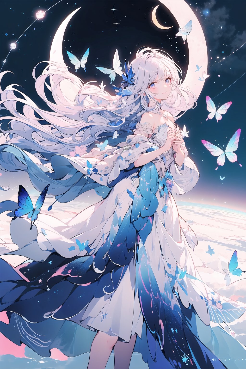 A dreamy scene unfolds: A lone girl floats serenely beneath a starry night sky's celestial canvas, crescent moon hanging like silver sickle. Camera pans out to reveal glowing butterflies dancing orbiting her, iridescent wings beating in unison, forming a radiant circle casting an otherworldly glow across the landscape. Majestic rainbow arcs in the distance, vibrant colors reflected in the girl's gentle smile gazing up at the celestial spectacle.