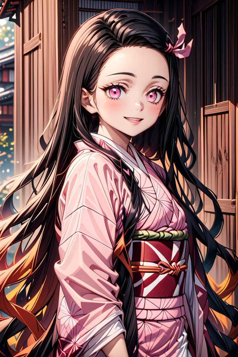 Masterpiece, best quality, Highres, 4K, 1girl, beautiful  face, happiness, extremely detailed, half body, color splashes, line art, art, fibonacci,more detail XL, Details, Kamado Nezuko, black hair, pink eyes, forehead, hair ribbon, japanese clothes, kimono, pink kimono long hair, very long hair, multicolored hair, pink ribbon, ribbon, smile