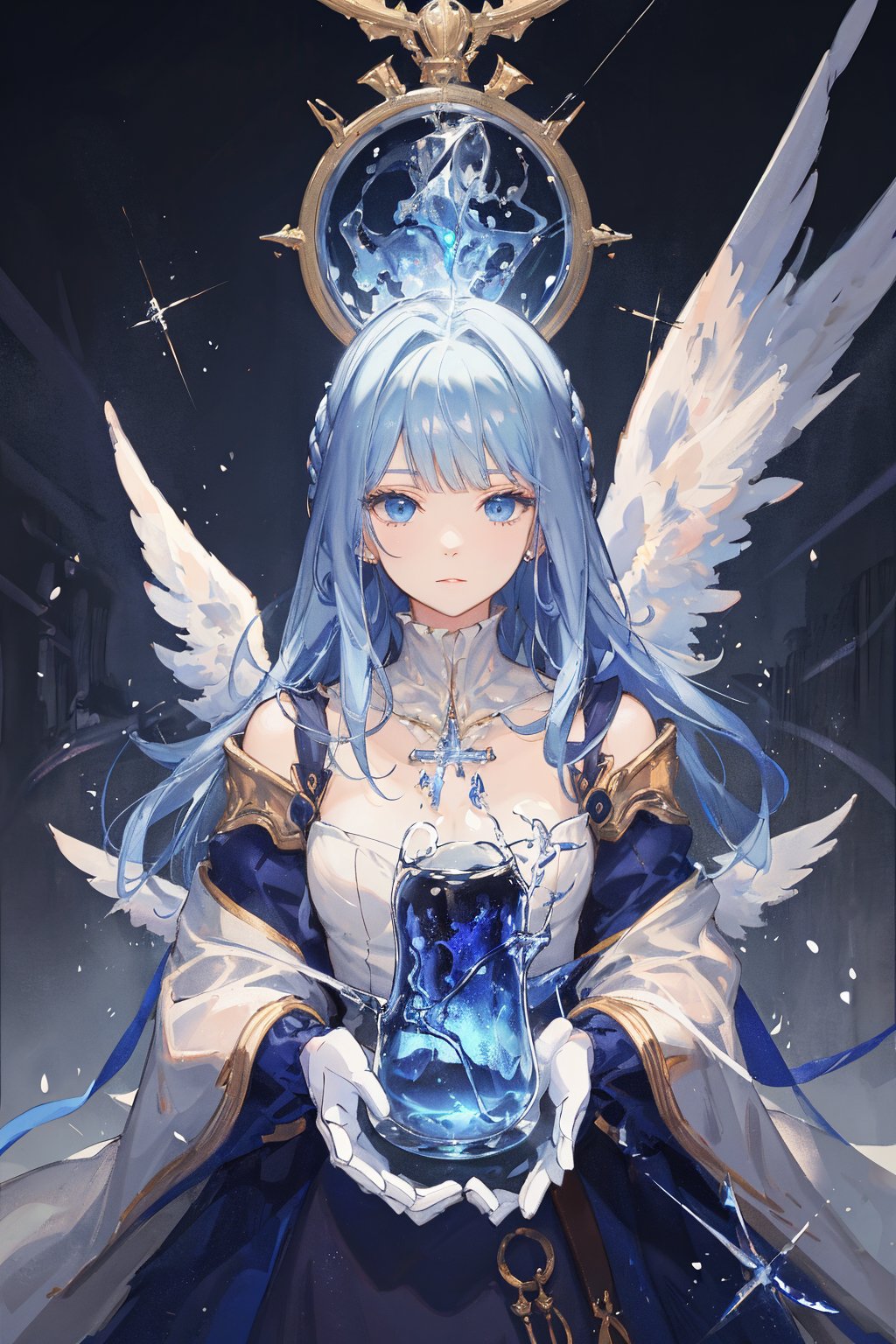 fantasy, alchemist, potion bottles, long blue hair, blue eyes, angelic angel, multi color element, detail processing, extremely excellent composition, 8k Ultra HD, Multi-Layered Textures, visual appeal, majestic, elegant, highly detailed, masterpiece