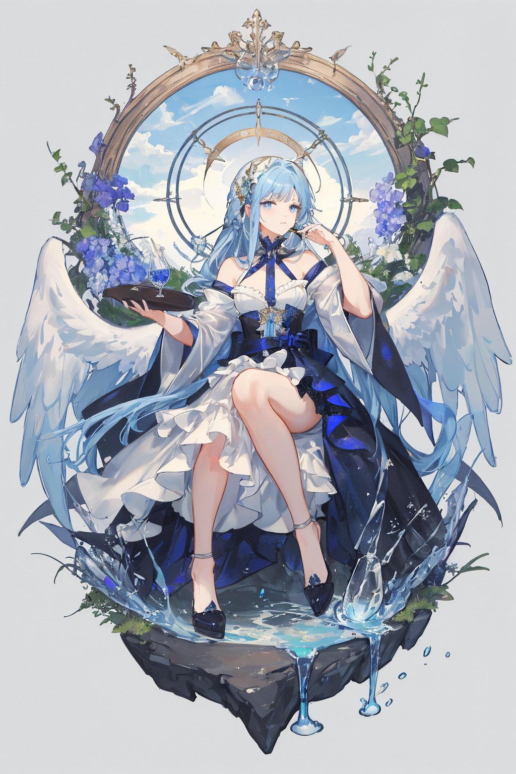 fantasy, alchemist, potion bottles, long blue hair, blue eyes, angelic angel, multi color element, detail processing, extremely excellent composition, 8k Ultra HD, Multi-Layered Textures, visual appeal, majestic, elegant, highly detailed, masterpiece