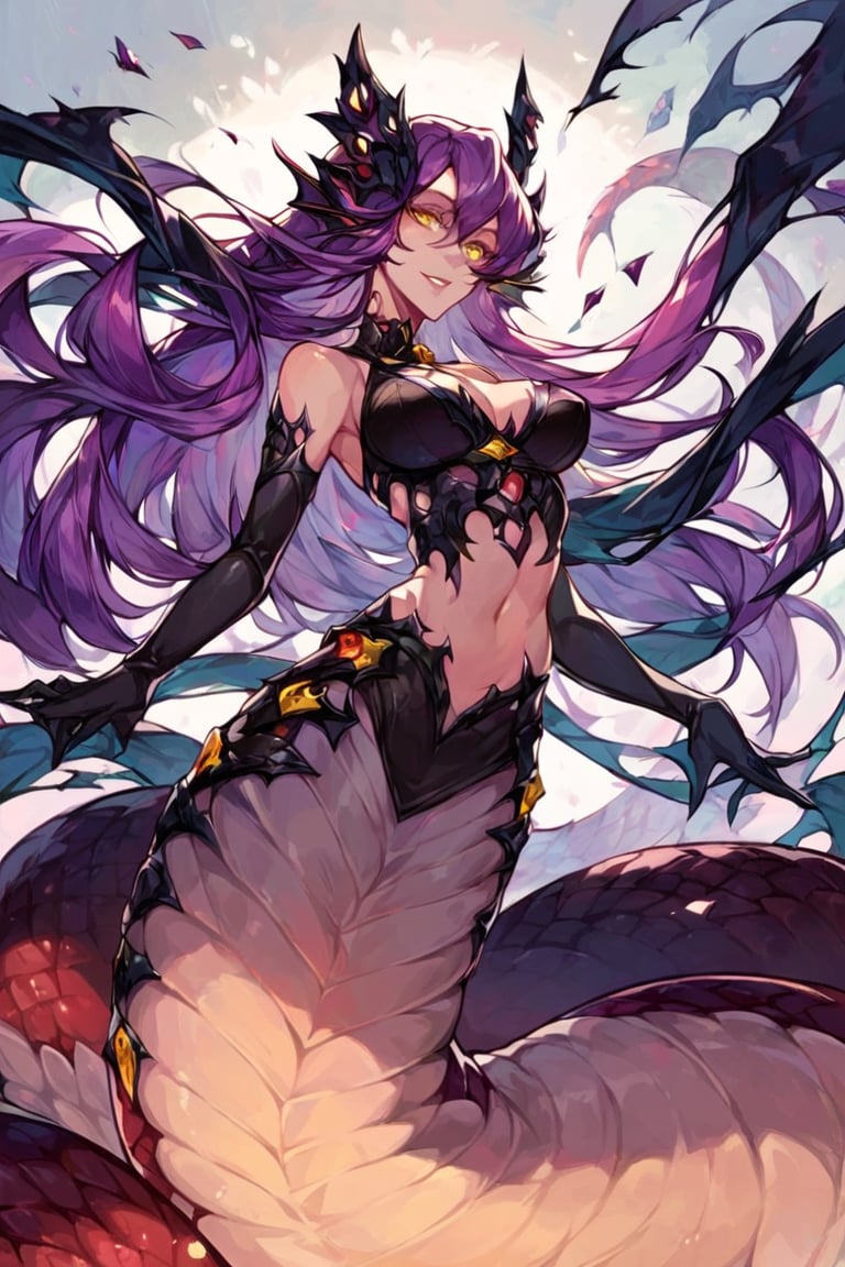 Score_9, Score_8_up, Score_7_up, seduce gaze, long purple hair, bloodlust, lamia mosnter girl, lamia type, black yellow eyes