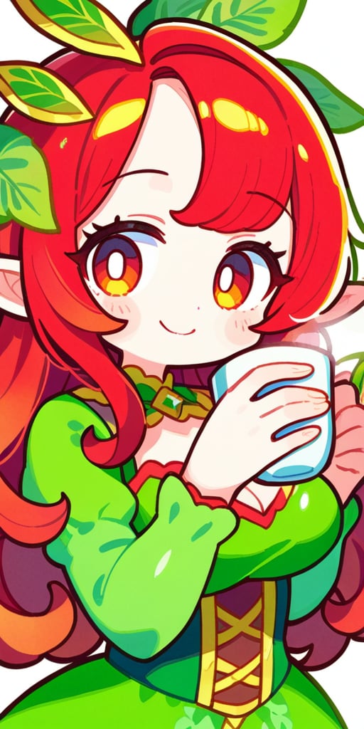 score_9, score_8_up, score_8, score_7_up, vibrant watercolor anime style. Close up of a gorgeous fairy with wild red hair. She smiles charmingly as she holds a steaming cup of coffee. A whimsical forest emerges out of a white background