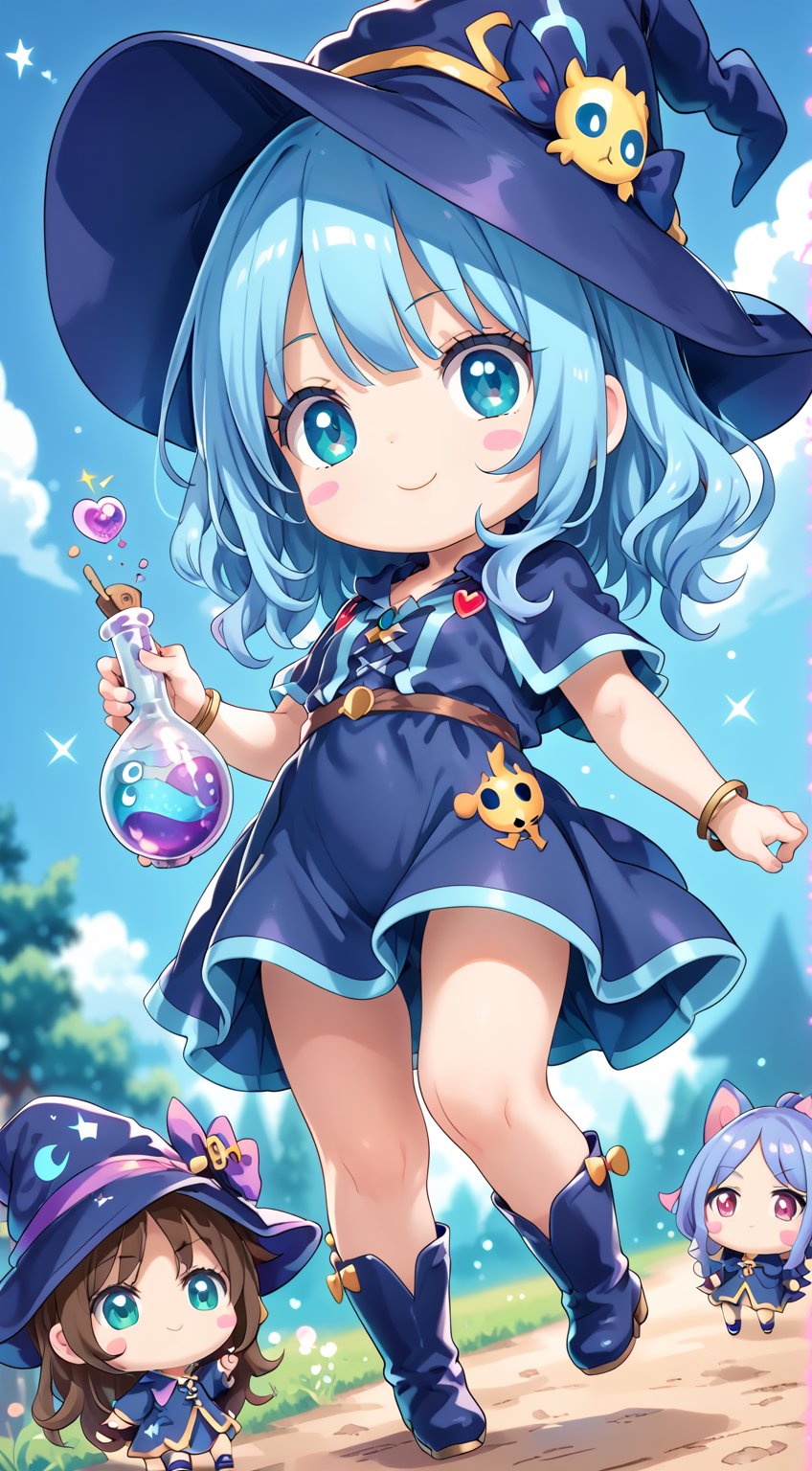 ((anime chibi style)), masterpiece, highly detailed, 16K, HD, cute witch girl with adorable eyes, blue witch hat, blue witch dress, dynamic angle, depth of field,1girl, with a lot of potion bottle,kawaii,Chibi,cutestickers,cutechibiprofile,chibi