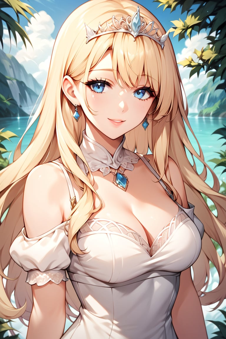 Masterpiece, high detailed, high resolution, 8K, majestic, 1girl, half body, beautiful face, gentle smile, score_9, score_8_up, score_7_up, score_6_up, score_5_up, score_4_up, source_anime, Calca, Calca Bessarez, blonde hair, extremely long hair, white tiara, white dress, medium breast, blue eyes, solo, Beautiful eyes