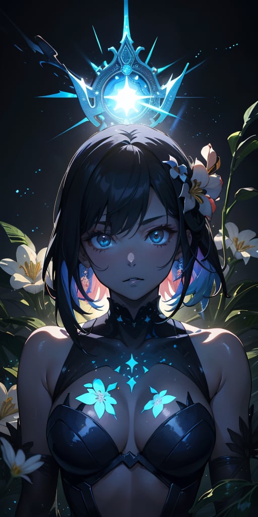 A majestic, highly detailed anime scene unfolds in stunning HD: a dark background serves as the canvas for a breathtakingly beautiful girl with jet-black hair. Her skin is adorned with vibrant, intricately designed flowers that radiate an otherworldly glow. As the camera zooms in on her face, the flowers' luminescence seems to pulse with an inner light, casting a mystical aura around her features. The atmosphere is charged with an air of mystique and creative mastery.