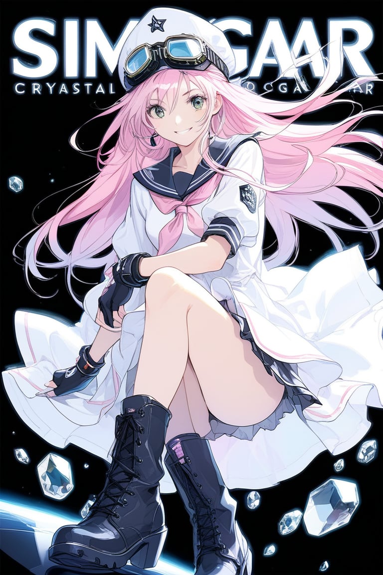 1girl, solo, looking at the audience, model pose, gentle smile, eyes with long and dense eyelashes (very bright and crystal clear), air gear, character name, text, Air Gear, black background, simca, grey eyes, pink hair, long hair, goggles, sailor dress, gloves, fingerless gloves, goggles on headwear, boots