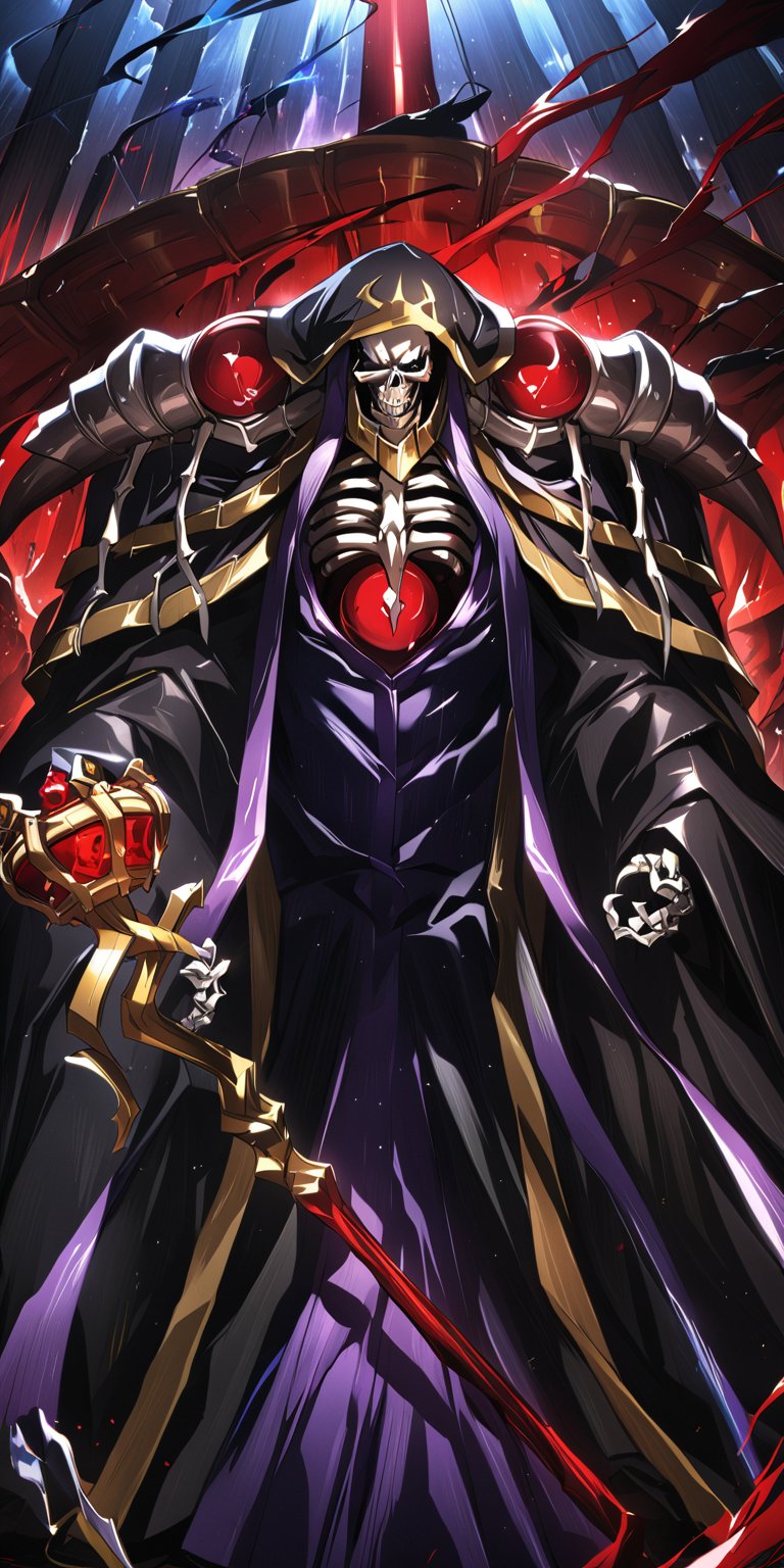 score_9, score_8_up, score_7_up, score_6_up, source_anime, best quality, masterpiece, colorful, very aesthetic, anime, BREAK   ainz ooal gown, skeleton, lich, dark robe, red dot eyes, overlord, so-bin style, teeth, hood, magic, enchanted, guild staff, golden staff  with snakes  and jewels,ainz ooal gown \(overlord\),