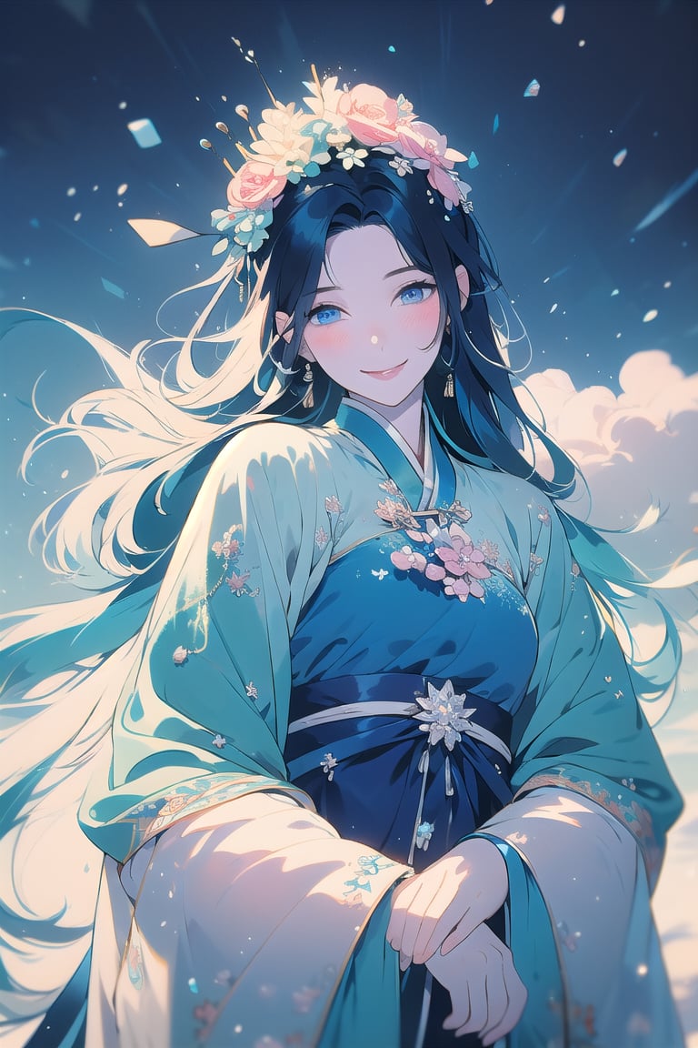 magical girl, blue hair, blue eyes, lolita dress, short dress, long hair, pale skin, soft skin, colorful snow background, rainbow, hearts, snow, snowing, ice, pastel, sun, crystals, gentle smile, looking_at_viewer, (masterpiece, best quality:1.2), fluffy, soft, light, bright, sparkles, twinkle, slightly downcast eyes, cute, pink, blue, Enhance, clouds,masterpiece, fullbody,china art