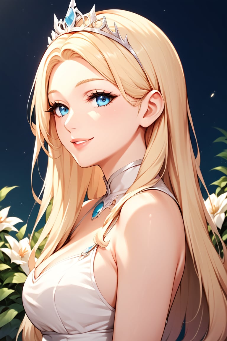 Masterpiece, high detailed, high resolution, 8K, majestic, 1girl, half body, beautiful face, gentle smile, score_9, score_8_up, score_7_up, score_6_up, score_5_up, score_4_up, source_anime, Calca, Calca Bessarez, blonde hair, extremely long hair, white tiara, white dress, medium breast, blue eyes, solo, Beautiful eyes