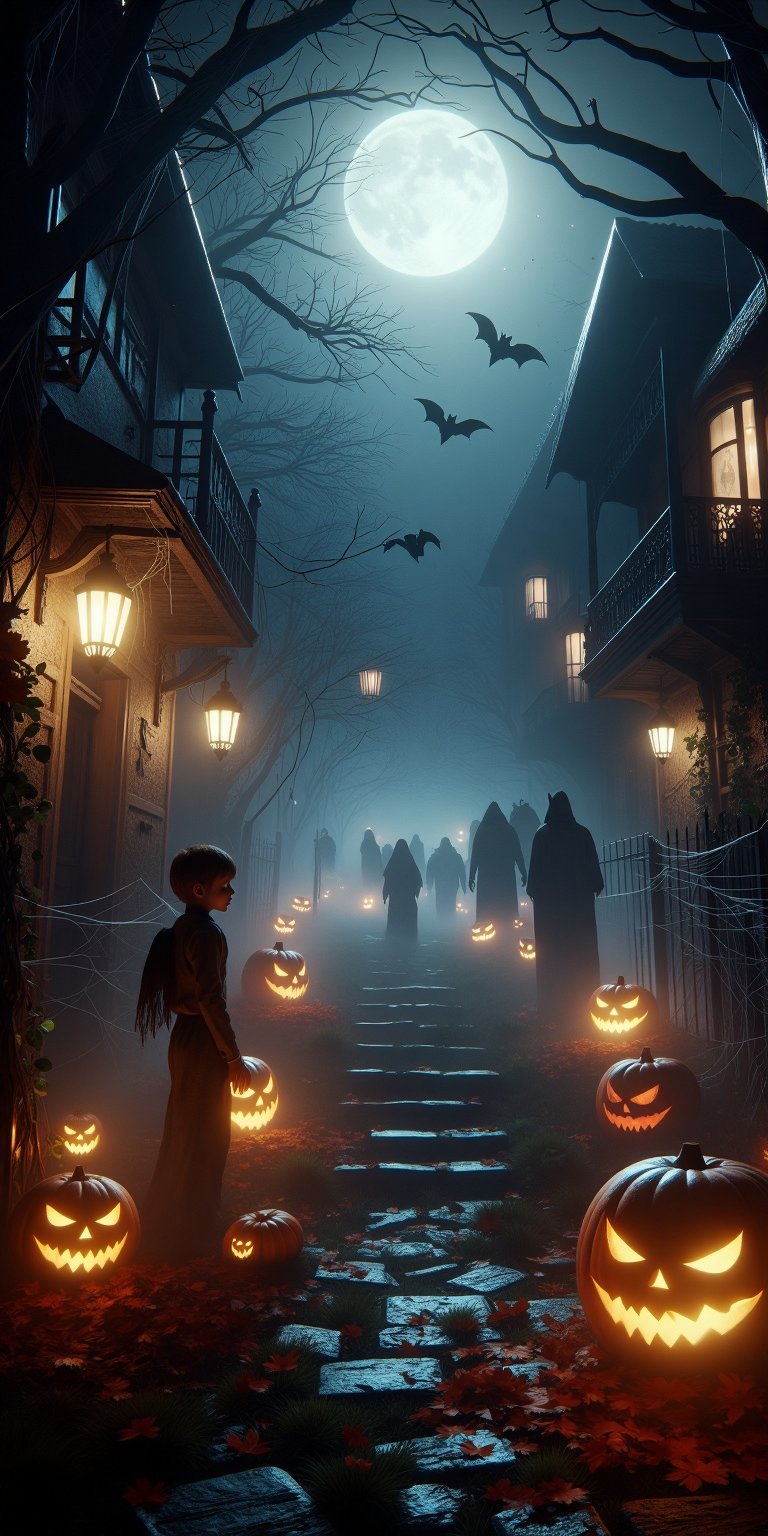 A dimly lit, moonlit alleyway on a dark Halloween night. A masterpiece of eerie atmosphere as kids in costume eagerly await trick-or-treaters. Highly detailed jack-o-lanterns and cobweb-covered lanterns cast an ominous glow. Cute, costumed children clutch bags of candy, their faces aglow with excitement. The spooky ambiance is tempered by the joy and laughter of the young ones, creating a surreal yet delightful scene.