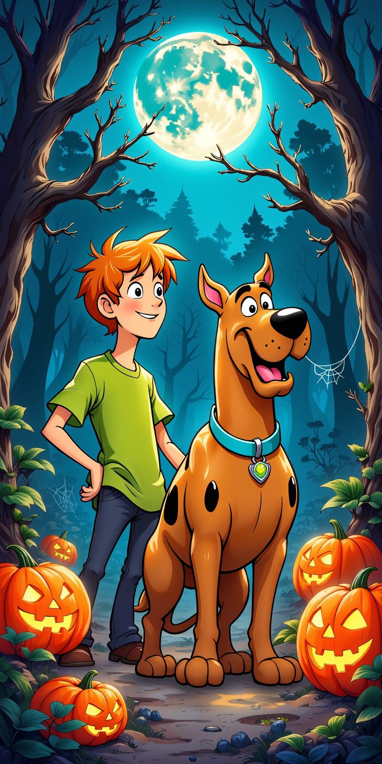 A masterful Halloween-themed artwork featuring Scooby-Doo and Shaggy in a cartoon style! amidst a haunted atmosphere with glowing jack-o'-lanterns and spider webs. The background should be a dark, misty forest with eerie trees and a full moon hanging low. Lighting is crucial, with warm orange hues from the pumpkins and a subtle blue glow from the moon. Shaggy's iconic green shirt and Scooby-Doo's matching collar stand out against the dark backdrop. The overall composition should convey a sense of bravado, as if they're ready to tackle any ghostly mysteries that come their way!