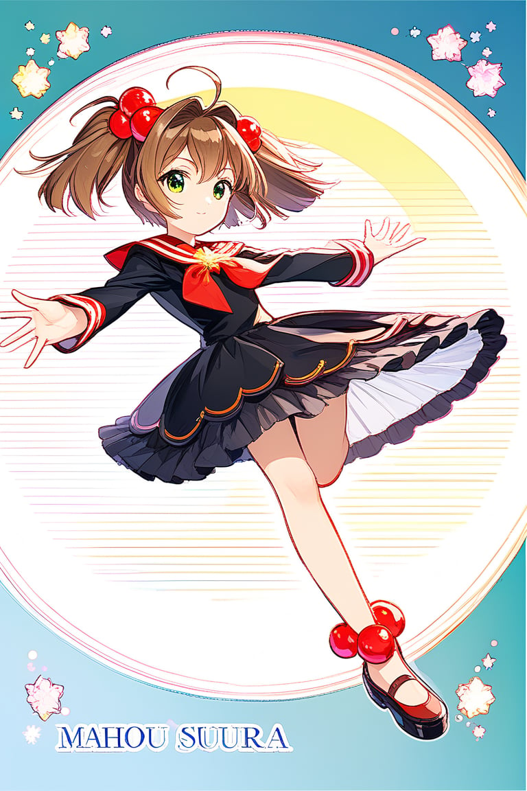 1girl, solo, looking at the audience, model pose, serious face, eyes with long and dense eyelashes (very bright and crystal clear), character name, text, Cardcaptor Sakura, antenna hair, brown hair, short hair, twintails, green eyes, hair bobbles, Mahou Shoujo uniform, black costume, zdyna_pose, full_body 