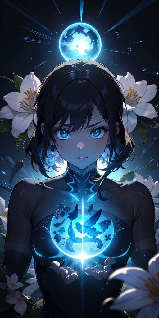 A majestic, highly detailed anime scene unfolds in stunning HD: a dark background serves as the canvas for a breathtakingly beautiful girl with jet-black hair. Her skin is adorned with vibrant, intricately designed flowers that radiate an otherworldly glow. As the camera zooms in on her face, the flowers' luminescence seems to pulse with an inner light, casting a mystical aura around her features. The atmosphere is charged with an air of mystique and creative mastery.