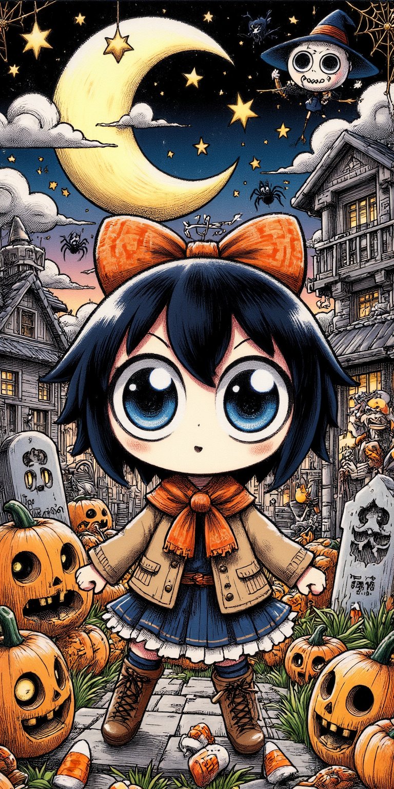 A bewitching Halloween scene unfolds in this manga panel: a tiny, spirited heroine stands defiantly amidst a graveyard of pumpkins and tombstones, her bright blue eyes aglow with determination. A crescent moon casts an eerie glow above, while candy corn and spider webs adorn the dark, mystical atmosphere.