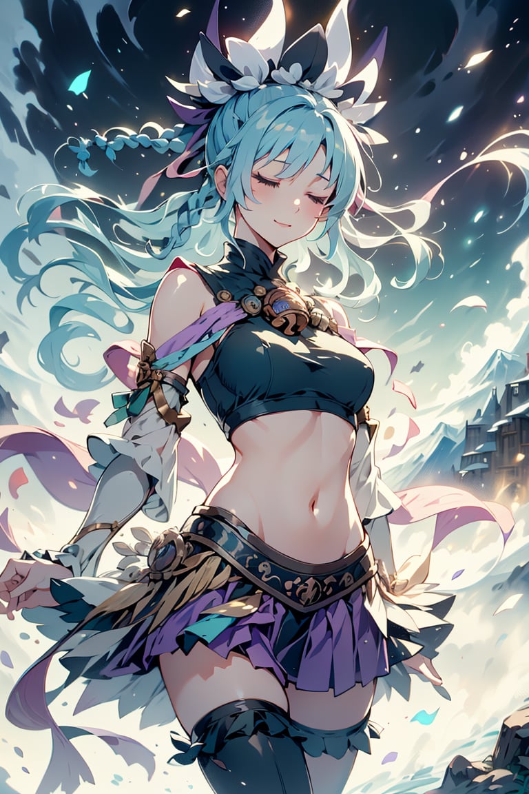 Masterpiece, high detailed, high resolution, 8K, majestic, 1girl, half body, beautiful face, gentle smile, mishera, closed eyes, braid, hair ornament, hair ribbon, crop top, purple skirt, detached sleeves, green thighhighs, flowing air, mountain background, holding wand, ElementWind