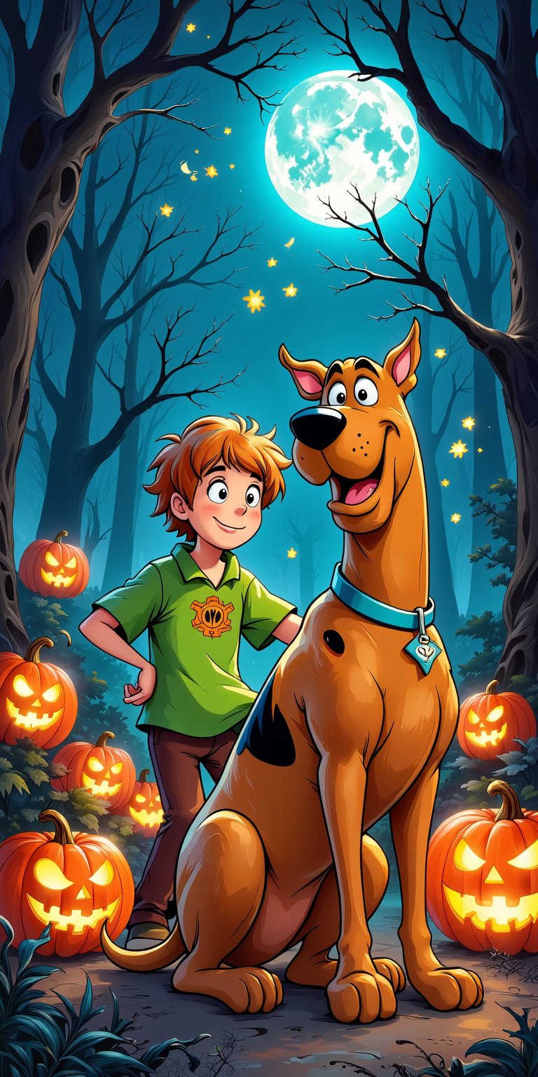 A masterful Halloween-themed artwork featuring Scooby-Doo and Shaggy in a cartoon style! amidst a haunted atmosphere with glowing jack-o'-lanterns and spider webs. The background should be a dark, misty forest with eerie trees and a full moon hanging low. Lighting is crucial, with warm orange hues from the pumpkins and a subtle blue glow from the moon. Shaggy's iconic green shirt and Scooby-Doo's matching collar stand out against the dark backdrop. The overall composition should convey a sense of bravado, as if they're ready to tackle any ghostly mysteries that come their way!