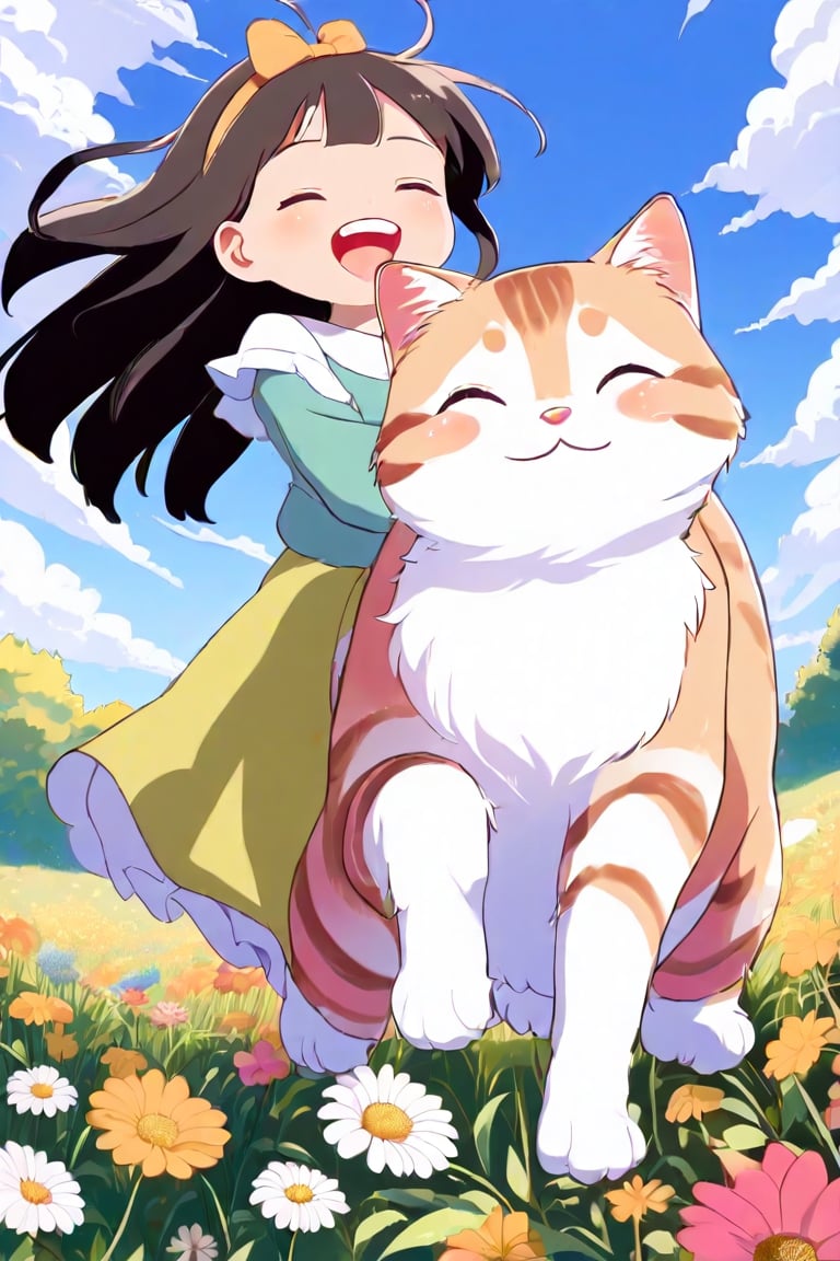 A joyful scene unfolds as a young girl with ahoge hair and closed eyes beams directly at the viewer. Her happiness is infectious, radiating from her bright smile. Against a blue sky with fluffy clouds, she rides a massive cat that leaps into frame, its paws barely grazing the lush meadow grass. Vibrant flowers bloom around them, adding to the whimsical atmosphere. The camera captures this delightful moment from a low-angle point-of-view (POV), emphasizing the girl's exuberance and the cat's playful majesty.