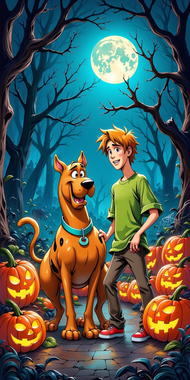 A masterful Halloween-themed artwork featuring Scooby-Doo and Shaggy in a cartoon style! amidst a haunted atmosphere with glowing jack-o'-lanterns and spider webs. The background should be a dark, misty forest with eerie trees and a full moon hanging low. Lighting is crucial, with warm orange hues from the pumpkins and a subtle blue glow from the moon. Shaggy's iconic green shirt and Scooby-Doo's matching collar stand out against the dark backdrop. The overall composition should convey a sense of bravado, as if they're ready to tackle any ghostly mysteries that come their way!