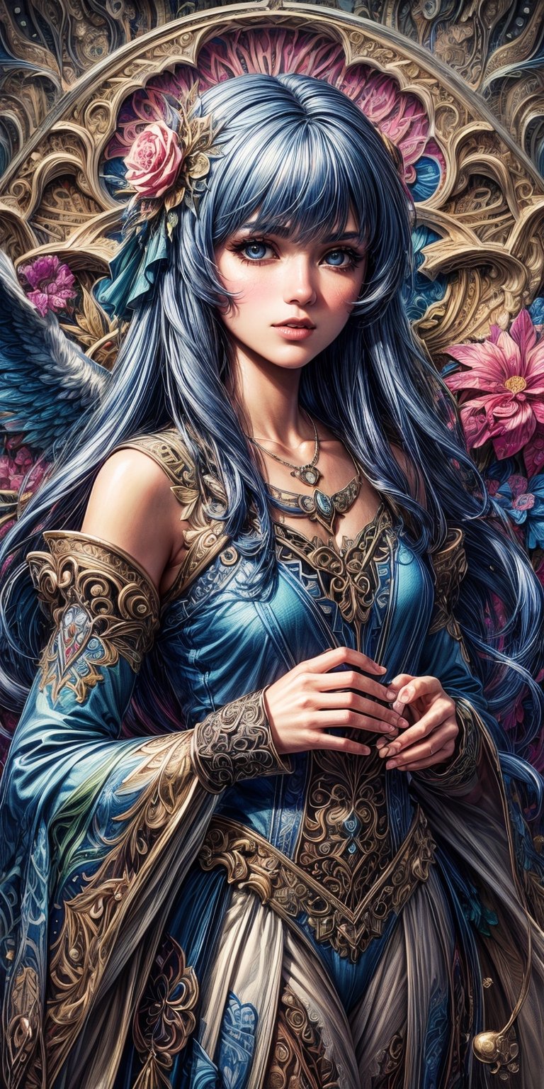 (masterpiece, top quality, best, official art, beautiful and aesthetic:1.2),1girl, (pop art:1.4), (zentangle, flower effects:1.2), (art nouveau:1.1), angelreah, blue hair, angel wings, white dress, detached sleeves, necklace, gentle smile, happy, portrait, pony hair, angel_wings, straight-on, batik, indonesia, dark