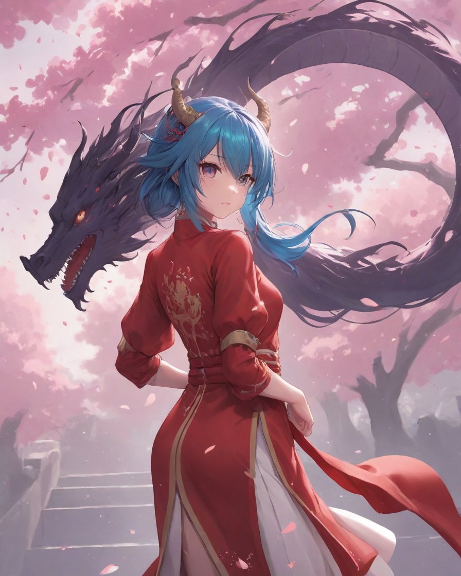 stylized inkpainting and digital anime painting, chinese dragon, 1dragon girl, long blue hair, wearing a cheongsam red armored dress, ray tracing, 8k, realistic, masterpiece, best quality, aesthetic, 1dragon girl, dragon, (insane beautiful cherry blossom trees backgournd:1.4)