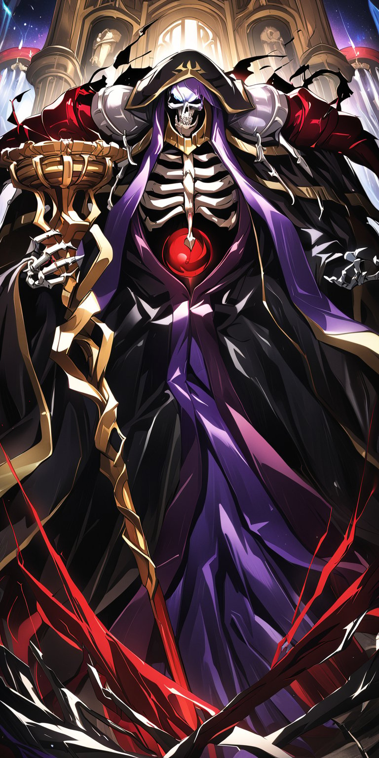 score_9, score_8_up, score_7_up, score_6_up, source_anime, best quality, masterpiece, colorful, very aesthetic, anime, BREAK   ainz ooal gown, skeleton, lich, dark robe, red dot eyes, overlord, so-bin style, teeth, hood, magic, enchanted, guild staff, golden staff  with snakes  and jewels,ainz ooal gown \(overlord\),