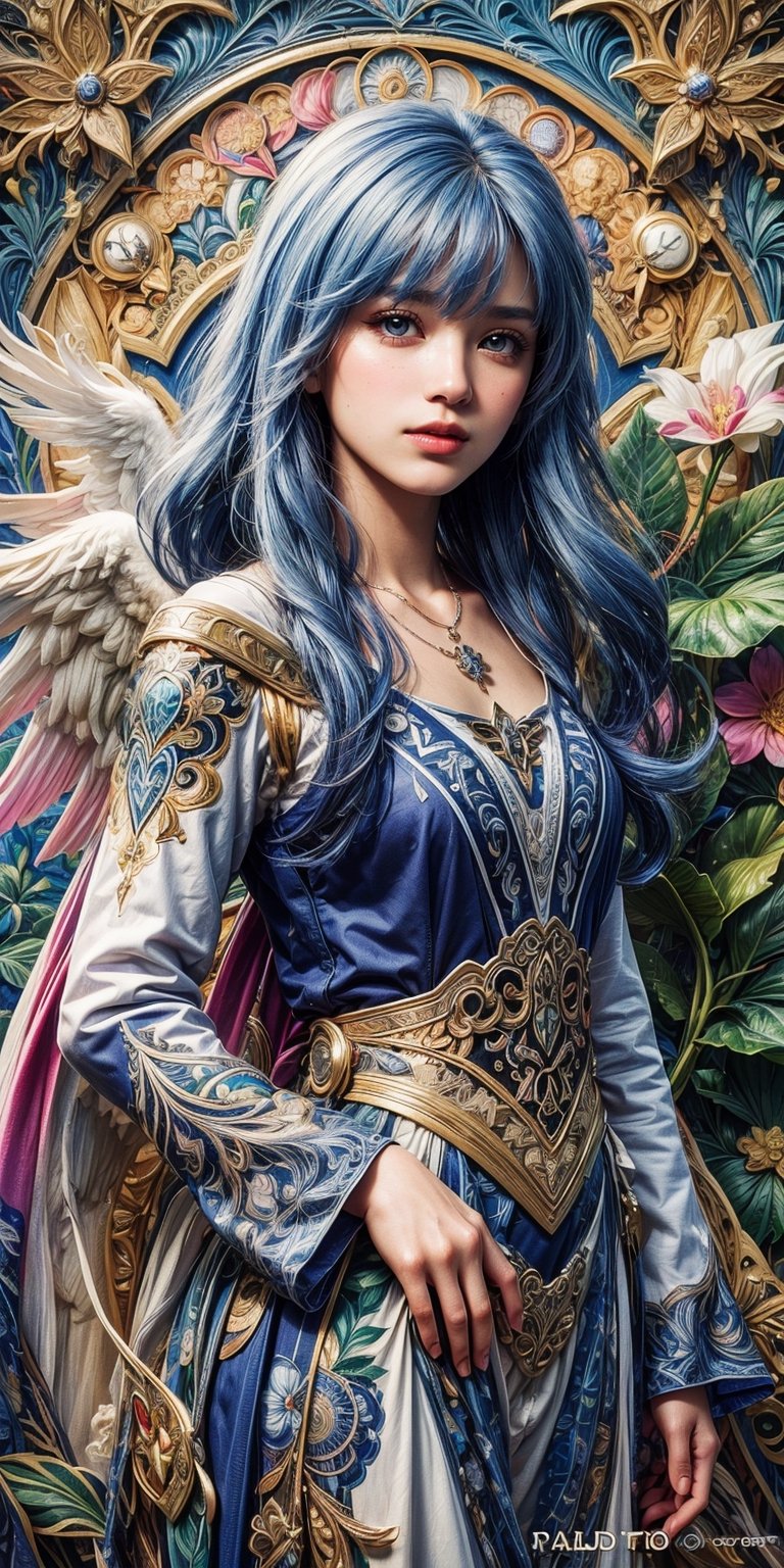 (masterpiece, top quality, best, official art, beautiful and aesthetic:1.2),1girl, (pop art:1.4), (zentangle, flower effects:1.2), (art nouveau:1.1), angelreah, blue hair, angel wings, white dress, detached sleeves, necklace, gentle smile, happy, portrait, pony hair, angel_wings, straight-on, batik, indonesia