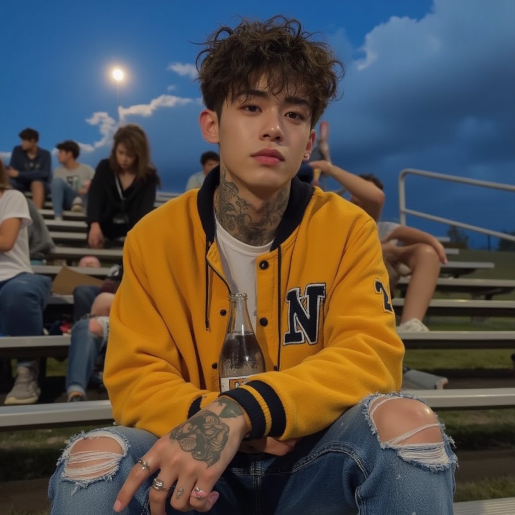 male, tall, he is muscular fit, his face is handsome with a stronger jawline,hes wearing a yellow school letter jacket, he has short kinda curly hair, he has caramel colord eyes, he is sitting the bleachers at a school football game, he has blue dennim jeans on that are ripped at the knee, he is caucasian and has a tan, and has some frekles around his nose and cheeks, he has a glass soda bottle in his hand, its in the evening so the sky is a dark blue shade and clouds blocking some of the bright moon, he has a faint stubble around his jawline and upper lip, he has a few rings on his fingers, and a few visible tattoos, there are other people sitting higher up on the bleachers,