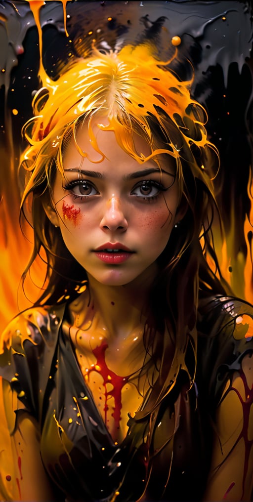 A dark fantasy portrait, dominated by warm hues of orange, yellow, and red. The artwork features splatters and blends of these vibrant colors, creating a sense of movement and energy. The entire canvas appears wet, with the colors merging and blending in various areas, forming a dynamic and fluid appearance. The overall atmosphere of the painting is mysterious and evocative, drawing the viewer into its hauntingly beautiful world., dark fantasy