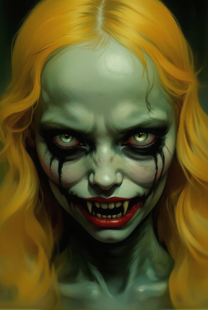 close up half body view of a  pale green skinned vampire girl with red lips. fangs with dripping.. evil  showing large fangs. style Halloween horror . she has white ice eyes. skin like leather . hair of golden yellow 