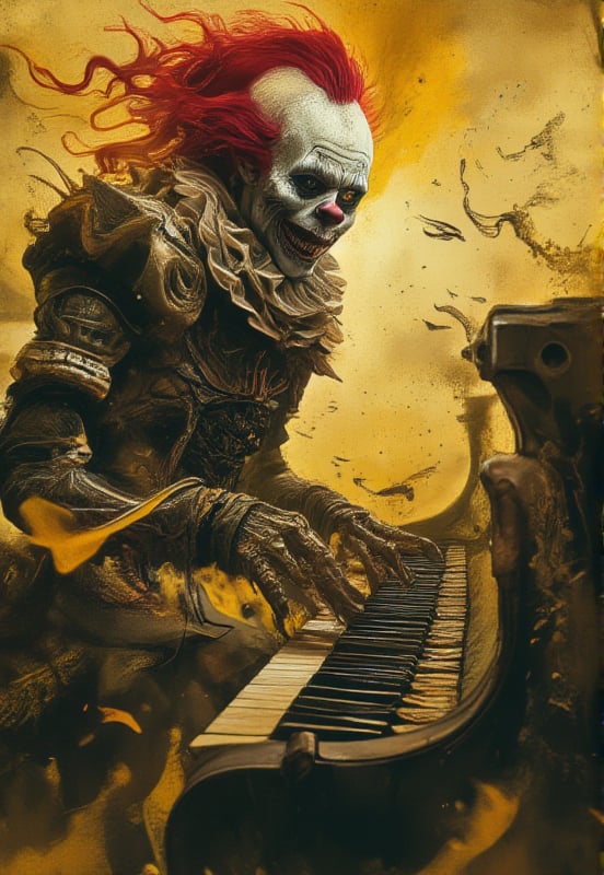     a clown plying a organ piano.  he is smiling.  his teeth are big . his teeth looks like a piano keyboard.   the style of double exposure, long exposure, wimmelbilder, layered lines, , chiaroscuro, best quality, huge filesize, wallpaper, colorful,8K,RAW, Canon 5d Mark 4, Kodak Ektar, 35mm,Long_Exposure .dark gothic horror.crypted ..taxidermy . beautiful soft light. style creepy doll art .alien  creature.sissor arm art. . dicarlini blown glass . detailed background of silver chains . liquid smoke . ferrofluide . DMT style  . a million points of light . style dark art. background ferrofluide bacteria art . mustard. twisted and chaotic .bacterial art. ethereal 
melancholy . ephemeral . synchronicity . diaphanous . quixotic .long flowing hair. maelstrom . amalgamation . clandestine . surreptitious . ubiquitous . peculiar . style muddy gothisiam. A dark fantasy portrait, dominated by yellow, and red. The artwork features splatters and blends of these vibrant colors, creating a sense of movement and energy. indigo and white. scorched earth. a princess at heart. mustard.  fairytale surrealism . score_9, score_8_up, score_7_up, score_6_up, realistic, photorealism, high definition, detailed,  