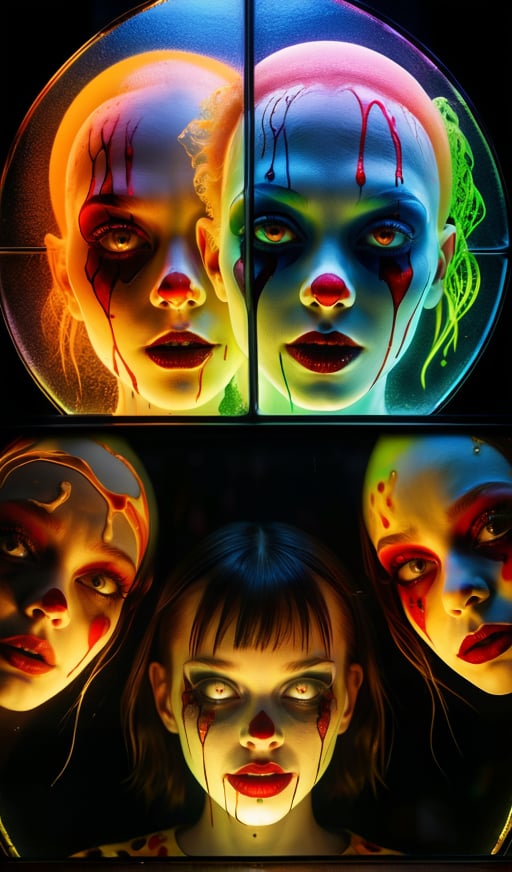 bacteria art . realistic illustration scene  of four girls. uranium,portrait-splitting hairs-- stained glass -bald, ,  earth shattering clown style dark and disturbing --hoarftost,   , huge filesize, wallpaper, colorful,8K,RAW, Canon 5d Mark 4, Kodak Ektar, 35mm,Long_Exposure . 