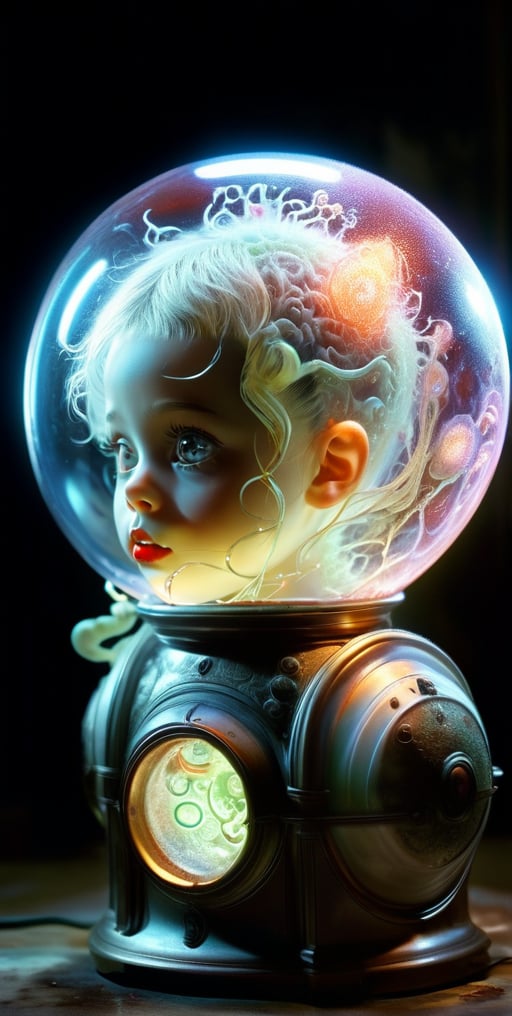 alian electric sphere depicting bacteria art .8K,RAW, Style by J.C. Leyendecker. Canon 5d  4, Kodak Ektar, 35mm,Long_Exposure .realistic . art piece .. shadowing lighting. shinning through form the background..   a pale faced child in a horror movie . shocking features. macabre  art