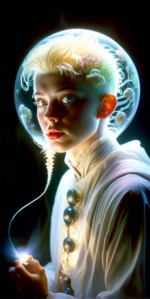 alian electric sphere depicting bacteria art .8K,RAW, Style by J.C. Leyendecker. Canon 5d  4, Kodak Ektar, 35mm,Long_Exposure .realistic .shadowing lighting. shinning through form the background..   a pale faced boy in a horror movie . shocking features. macabre  art