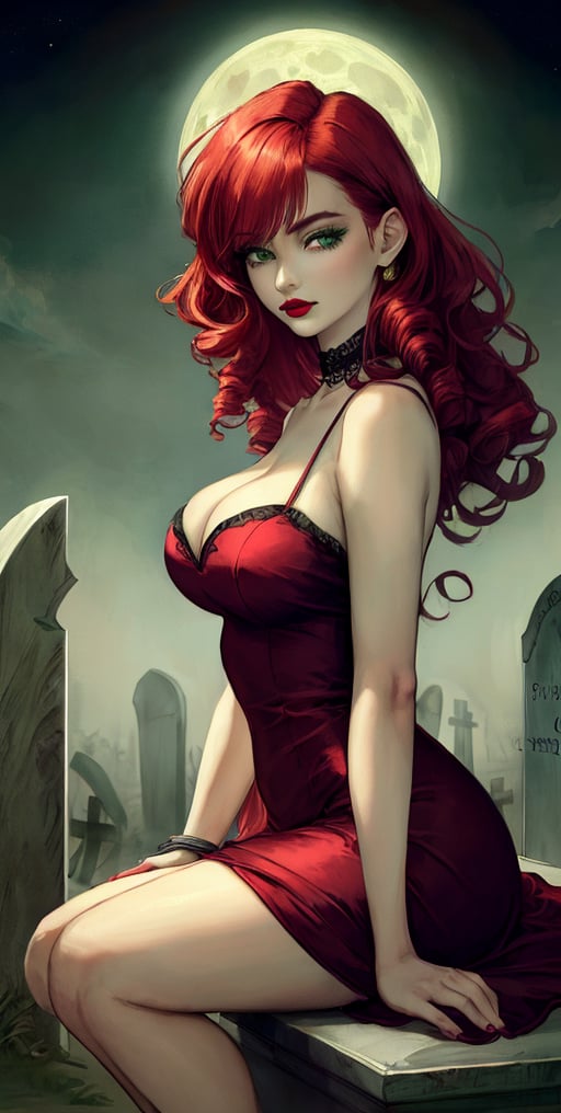 glamour portrait,female teen, side-angle, close-up, hyper-realistic, pale green face with red lipstick, long curly red hair, lavender silk dress, sitting on tombstone.  foggy cemetery background...] moon light skyline background --ar 9:16 --stylize 1000 --v 6.0. 