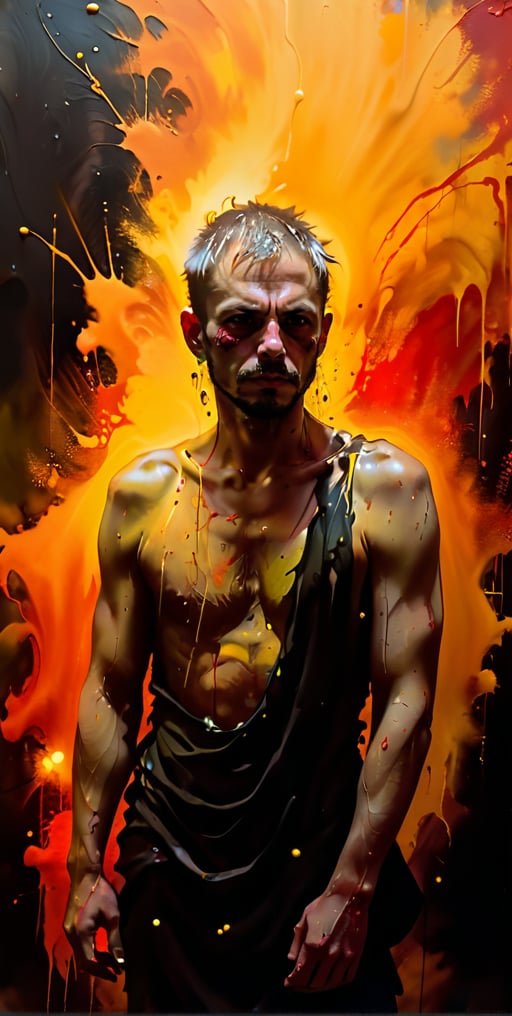 A dark fantasy portrait, dominated by warm hues of orange, yellow, and red. The artwork features splatters and blends of these vibrant colors, creating a sense of movement and energy. The entire canvas appears wet, with the colors merging and blending in various areas, forming a dynamic and fluid appearance. The overall atmosphere of the painting is mysterious and evocative, drawing the viewer into its hauntingly beautiful world., dark fantasy