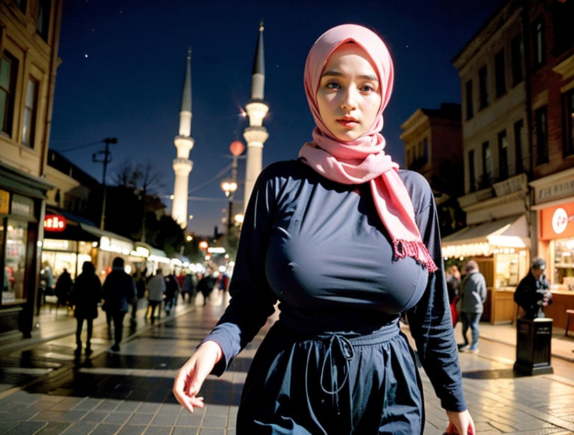 best quality, masterpiece, (photorealistic:1.4), 1girl, 15 year old girl, hijab, perfect milfication body, muslim, venusbody, milfication, ((gigantic_breasts)), perfect face, detailed blue eyes, smouldering, walking in istanbul street shop, istanbul mosque on the background, wearing tight abaya, dimly lit,pure sleep