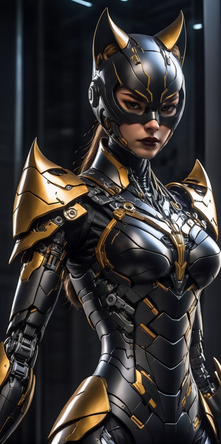 Angry catwoman mecha robo soldier character,  anthropomorphic figure,  wearing futuristic mecha soldier armor and weapons...
