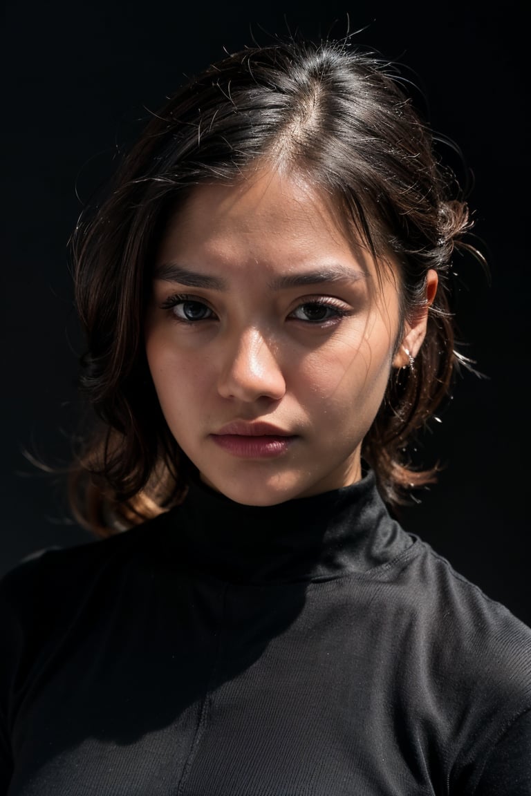 portrait of woman ,(25 years old),tired,(eye contact:1.3),(intense stare:1.3),on a (plain black background:1.2),(headshot:1.2),(face focus:1.1),(facing the camera:1.2),head in the centre,slight smile but sad,(facing straightforward:1.2),(forward facing:1.1),face focus,f1.4,40mm,photorealistic,raw,8k,skin pores,dried-up,textured skin,intricate details,dramatic light,award winning,Strong emotional expression,depth of field,blurry,Bokeh,by Nori Inoguchi,