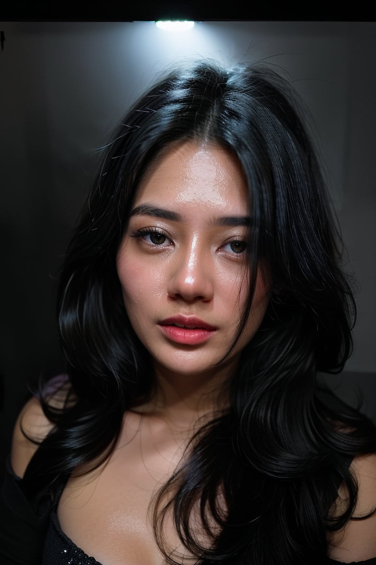 A stunning portrait of a girl with high detailed skin and luscious black hair, set against a dark background in a dimly lit room. Her gorgeous locks frame her puffy eyes, which seem to sparkle in the soft glow of rim lighting. The atmosphere is intimate and mysterious, as if captured on a dark night indoors.