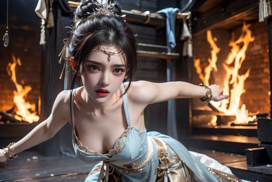 torch, burning buildings, falling snowflakes, 16-year-old girl, {beautiful and delicate eyes}, angry eyes, charming figure, plump breasts, Big bun, very long hair, (dark hair: 1.2), (fighting pose: 1.4), (angry expression: 1.4), sexy Hanfu (silver, transparent), shiny bracelet, gorgeous necklace, very small earrings , (six pack: 1.2), best quality, high detail 8k resolution, exquisite sharp facial features, perfect face shape, real skin, bright cinematic lighting, full body photography, sharp focus, ruanyi0060, exposed neck, bare shoulders,Novel Dune Planet Uranx tongue of the unseen, ancient prison, instruments of torture, iron handcuffs, torn clothes, labyrinth cave, pink nipples, small nipples