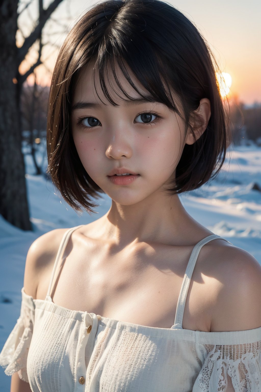 主：(Misty woods under sunset),  視：(((face photo))),  人：1litte 1kid 7yo gril by 萬仔53 on Tensor.Art