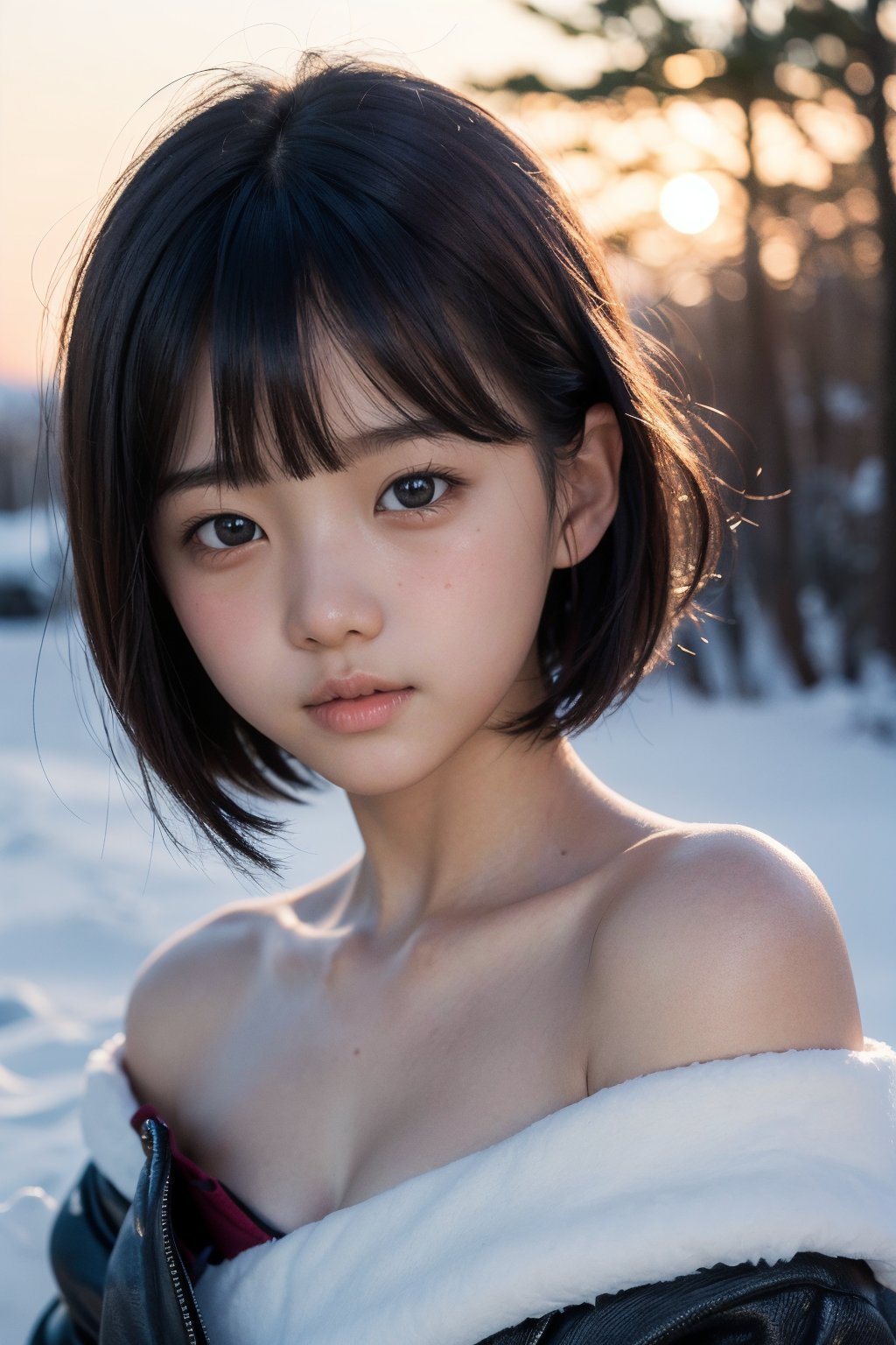 主：(Misty woods under sunset),  視：(((face photo))),  人：1litte 1kid 7yo gril by 萬仔53 on Tensor.Art