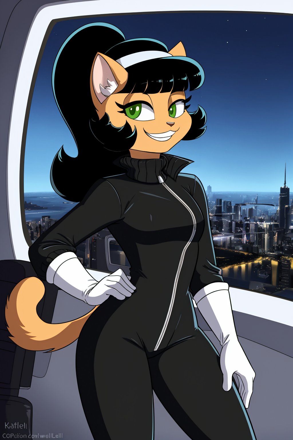 (((kitty katswell))), masterpiece, best quality, 4k, 1 girl, alone, domestic cat, smile, green eyes, squinty eyes, animal ears, long hair, long fluffy cat tail, white gloves, teeth, jumpsuit, bangs, hairy girl, sleeve, looking at viewer, gloves, happy, smile, funny expression, furry, white turtleneck sweater, black double-breasted jacket with lapels, white boots, side locks, white hair band, body skin, teenage body, slim body, 14 year old girl, black hair, black jacket, long sleeves, white knee high boots, shiny, pants, white knee high boots, tilted head, black jumpsuit, animal nose , ponytail, smile, the feline girl has a fluffy feline tail, setting: she holds on to the footboard of a helicopter while holding a futuristic gun in the other hand, in the background you can see the city. Cartoon, masterpiece, best quality, 4k, 8k, high resolution, ultra detailed, vivid colors, cel-shading, character design, expressive faces