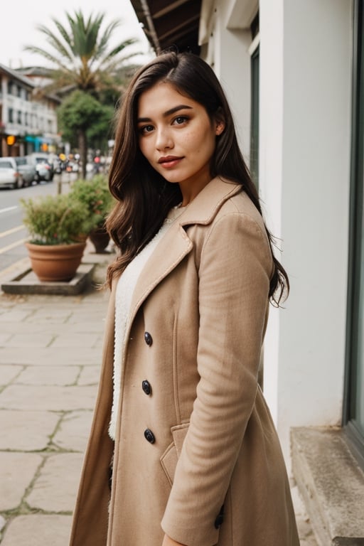 beautiful nepali lady, wearing black coat, coffee shop, (freckles),sad face, full size photo, blue eyes, buzzcut hair, dark makeup, hyperdetailed photography, soft light, head and shoulders portrait, cover
