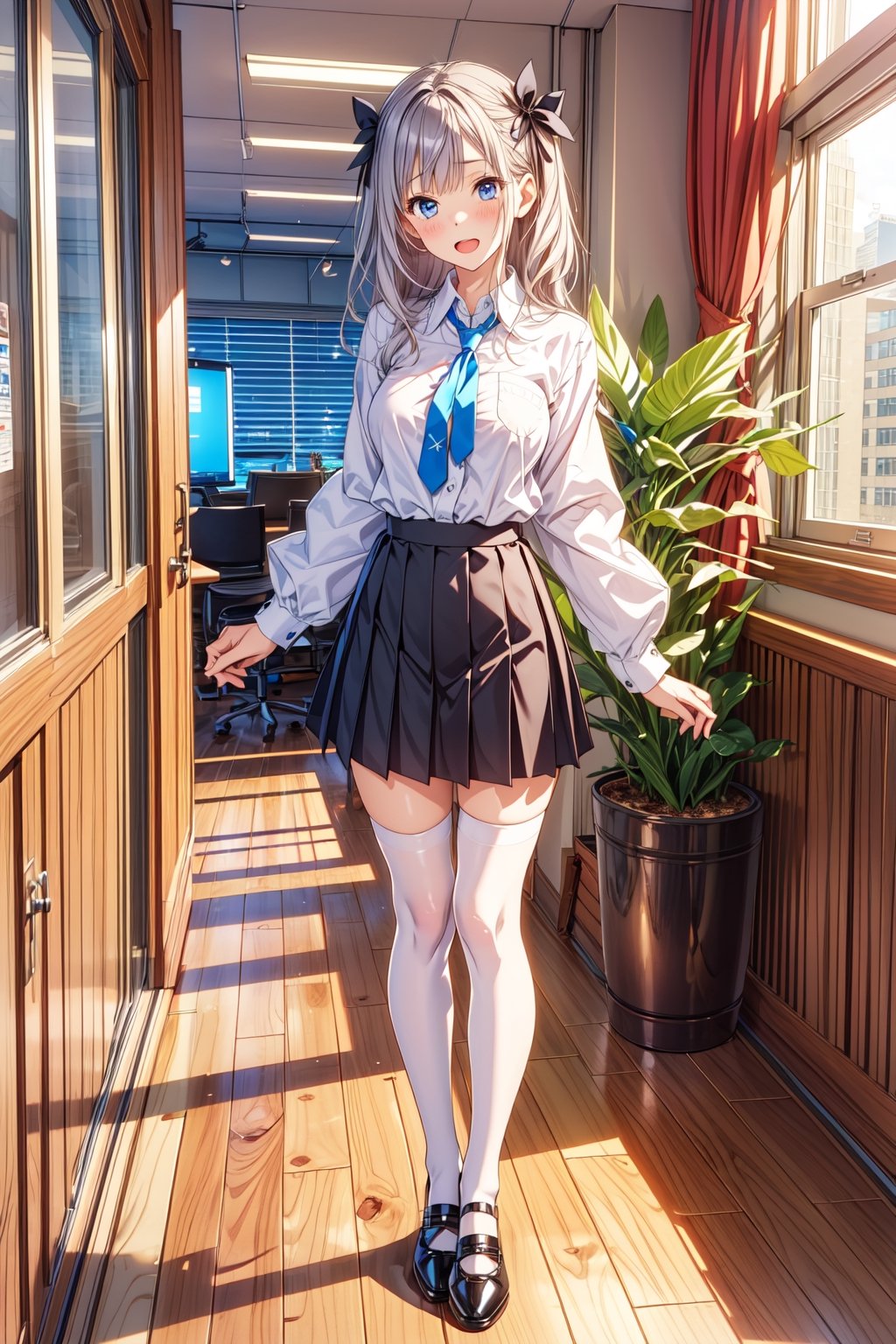 1girl, solo, breasts, looking at viewer, blushing, long hair, open mouth, bangs, blue eyes, white shirt, gray hair, hair accessories, white stockings, black skirt, ribbon, medium boobs, standing, full body, long sleeves, long legs, cells, shoes, black footwear, white stockings, zettai ryouiki, skin dents, tie, arms behind the back, flat shoes, office worker