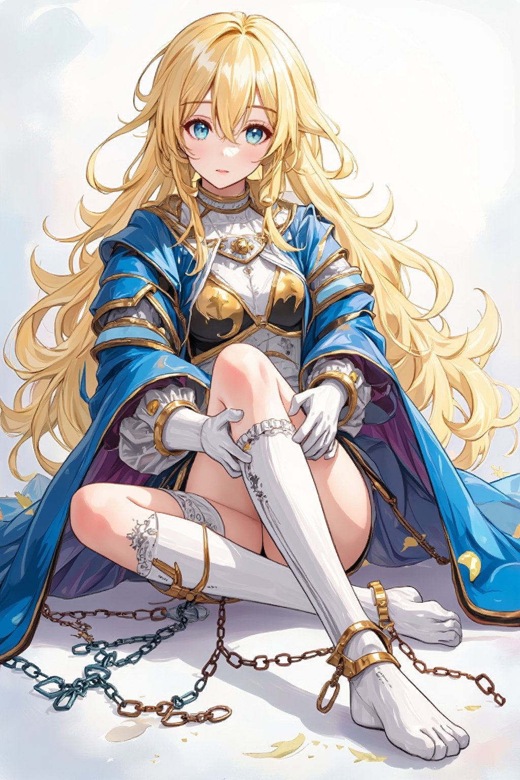 1girl, solo, long hair, looking at the audience, bangs, blue eyes, blond hair, stockings, gloves, hair between eyes, sitting, very long hair, full body, white gloves, cloak, armor, white long Tube socks, chains, no shoes, bondage, restraint, handcuffs, blank eyes, shackles