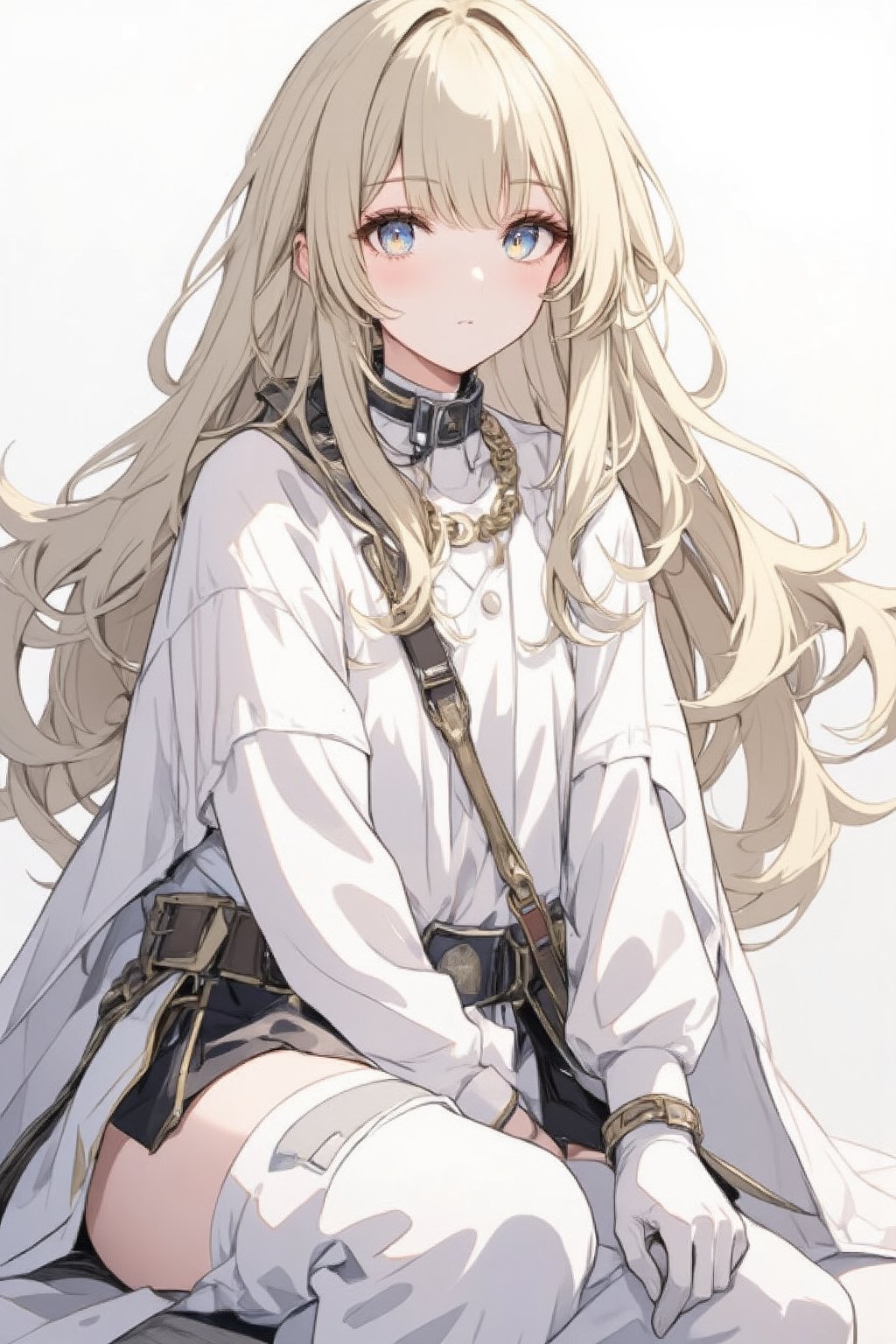 1girl, solo, long hair, looking at viewer, bangs, blue eyes, blonde hair, thighhighs, gloves, hair between eyes, sitting, very long hair, full body, white gloves, cape, armor, white thighhighs, chain, no shoes, bound, restrained, cuffs, empty eyes,shackles